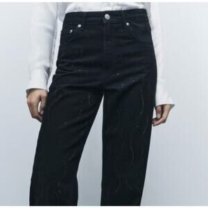 Nwt-Zara Straight Cut Mid Rise Black Rhinestone Jeans-2